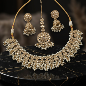 Indian Traditional Pearl Kundan Necklace <b>Set</b> Antique Gold Plated Bridal Choker Necklace with Jhumka Earrings and Maang Tikka <b>Set</b> - Product Image 2