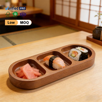 Plateau à épices ovale en bois d'acacia à trois compartiments, plat de service divisé pour condiments, organisateur de cuisine pour épices, sauces et collations