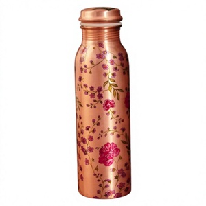 Gourde en cuivre pur avec logo imprimé personnalisé, finition cuivre, motif fleur rose, sans joint, anti-fuite, réutilisable, bouteille d'eau en métal - Product Image 1