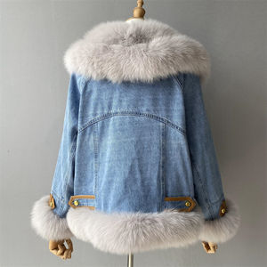 Veste bomber en jean pour femme avec <span class=keywords><strong>grand</strong></span> col en fourrure naturelle, <span class=keywords><strong>doudoune</strong></span> d'hiver de luxe en vraie fourrure de renard, vente en gros - Product Image 2