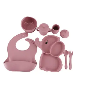 Peralatan makan silikon anak-anak, gambar kartun gajah 8 buah mangkuk penyedot makanan bayi set sendok garpu peralatan makan bayi
