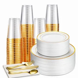 Gold Rimmed Disposable Plastic Dinnerware Sets Include Fork Spoon And Knife Cup For Weeding Party Charger Plates