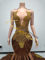 Ocstrade Damen Glänzendes Strass-Abendkleid Kristall-Diamant-Saum Kaffeebraunes Luxus-Ballkleid mit Schal