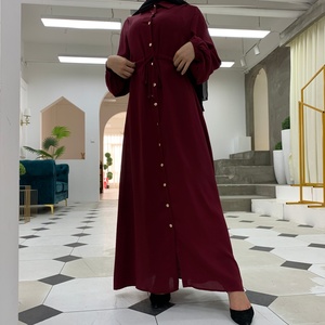 6289#Front Button Open Women Islamic Button Maxi Waist <b>Tie</b> Abaya Muslim Dresses - Product Image 6
