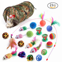 Ensemble de 21 jouets pour chat en peluche et plastique, tunnel pliable, baguette de chat, souris moelleuse, balles crépitantes, pack de jeu interactif pour chatons d'intérieur