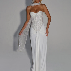 Abito da Sera Sexy <span class=keywords><strong>Senza</strong></span> <span class=keywords><strong>Spalline</strong></span>, Elegante <span class=keywords><strong>Vestito</strong></span> Lungo <span class=keywords><strong>Bianco</strong></span> con Drappeggio e Lustrini, Abito da Festa per Donne - Product Image 1