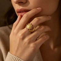 Perhiasan Fanhua Tiktok Terlaris Cincin Baja Anti Karat Lapis Emas 18K Motif Matahari Bulan Celestial