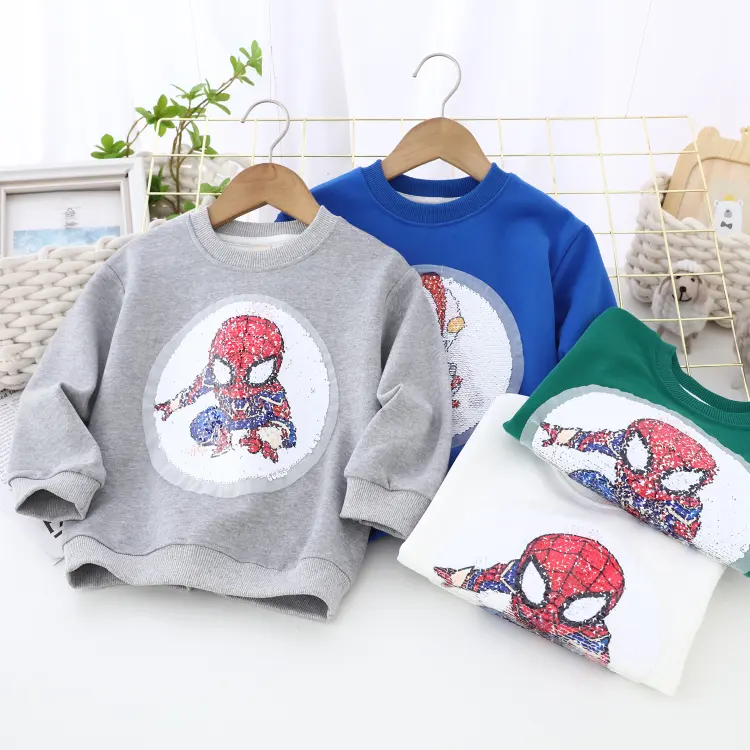 HY-387 2023 autunno felpa con cappuccio per bambini pullover per bambini piccoli con paillettes che cambia colore Spider-Man in cotone cinese girocollo