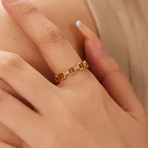 New Arrival Stainless Steel 18K Gold Plated Link Chain Cubic Zircon Hollow Out Gold Rings For Girls