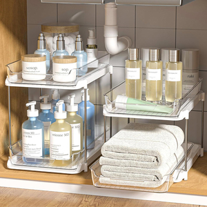 2 set di armadietto da bagno multiuso a 2 livelli sotto gli organizzatori del lavandino e l'organizzatore dell'armadio estraibile per la cucina - Product Image 1
