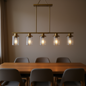 Lámpara de Techo Moderna Industrial de 5 Luces, Marco de Hierro Dorado, Pantallas de Vidrio Transparente, 37 Pulgadas, para Comedor - Product Image 2