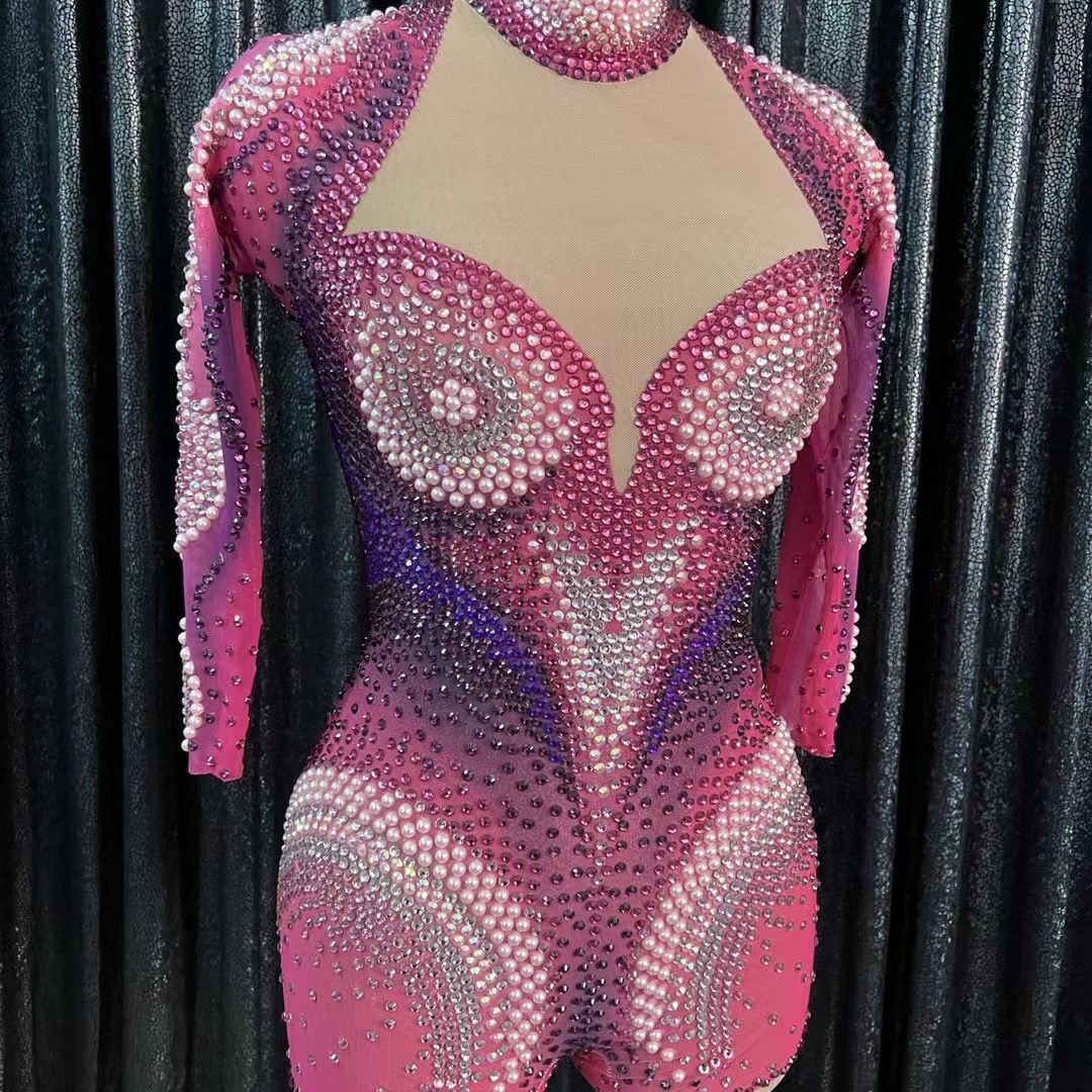 Женское роскошное боди со стразами, комбинезон для выступлений и выступлений, комбинезон с розами и жемчугом, 2022