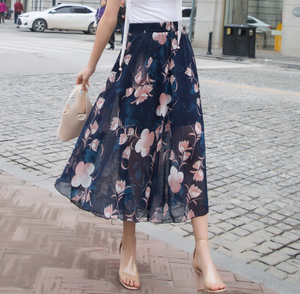 プリントシフォンロングスカートハイウエストプリーツスカートハイウエスト薄い壊れた花スカート女性用 - Product Image 4