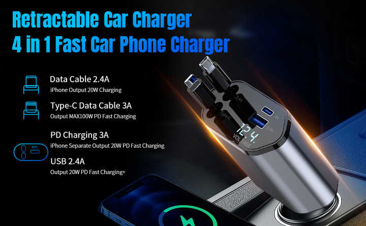 Universal 4-in-1 Retractable 120W Type C Car Charging Dock 120W Max Electric Fast Phone Car Charger Station Car Chargers