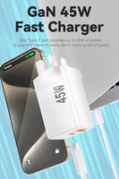 Cargador de Pared Rápido de 45W GaN con Enchufe UK, QC3.0, QC4.0+, PD 3.0, 1 USB y Doble Tipo-C para Laptop, Teléfono Móvil y Auriculares