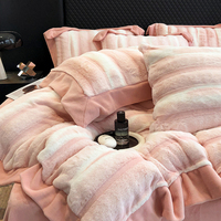1. Ensemble de literie en fausse fourrure de lapin rayée rose, ensemble de housse de couette en velours de lait moelleux, linge de lit d'hiver chaud 4 pièces