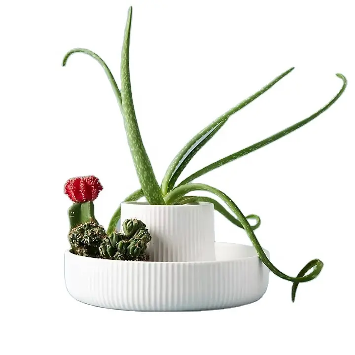 Yisheng Fontein Planter Keramische Planter Pot 2 Tier Decor Potten Verticale Textuur Witte Kleur Keramische Planter Voor Opslag