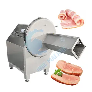 Cortador de tocino eléctrico industrial para salchichas, máquina cortadora de rebanadas de carne de hueso de res con transportador y porción