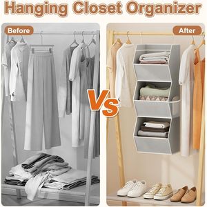 Hanging Closet Organizer 3 <b>Shelf</b> Foldable Fabric Storage For Bedroom Clothes With Mesh Pockets <b>Hook</b> Type Rectangular - Product Image 6