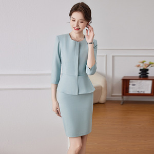 Women's Suit Skirt Set Three-Quarter Sleeve Dark Blue Polyester Professional Workwear Summer 2025 - Product Image 2