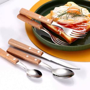 Juego de cubiertos de viaje con mango de madera, resistentes al calor, de acero inoxidable, juego de tenedor, cuchara y cuchillo. - Product Image 4