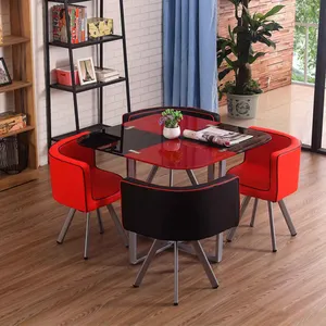 现代方形餐厅家具菲律宾马来西亚热卖黑色红色玻璃餐桌带椅子套装