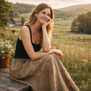 Falda Maxi Personalizada para Mujer, Mezcla de Lino y Algodón, Color Marrón, Cintura Elástica Negra, Estilo Línea A, Casual, Vintage, Elegante - Product Image 3