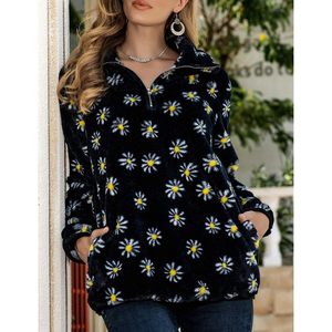 Sweat-shirt en sherpa à manches longues pour femme, fermeture éclair 1/4, imprimé floral, pull en polaire, veste d'extérieur - Product Image 2