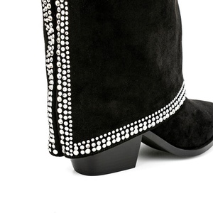 Shark Lock Soft Flock Long Booties Overlay Women's Bling Diamonds <b>Knee</b> <b>High</b> Boots Low Square Heels Shoes Big Size 45 Wide Fit - Product Image 5