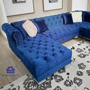 Sofá Seccional Chesterfield de <span class=keywords><strong>5</strong></span> Plazas en Terciopelo <span class=keywords><strong>Azul</strong></span> Marino de Lujo, en Forma de U, con Esquinas Acolchadas y Estructura de Madera Alta con Esponja - Product Image 1