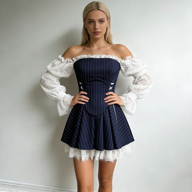 Verified Supplier Navy Blue Dress With White Lace Maternity-Friendly Design  | Alibaba.com