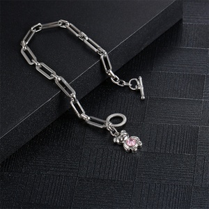 High Quality Stainless Steel Paperclip Chain OT Clasp Closure pink Color Crystal Bear Charm Bracelet - Product Image 5