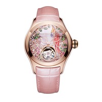 Montre mécanique Reef Tiger de luxe pour femme, cadran rose, bracelet en cuir, montre tendance en or rose, RGA7105
