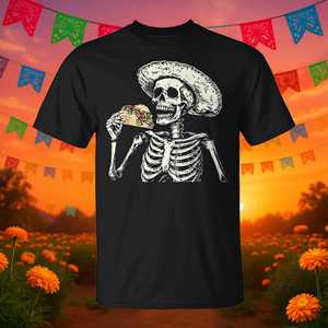 Camiseta Mexicana para Amantes de los Tacos con Diseño de Esqueleto, Negra, Unisex para Adultos - Product Image 3