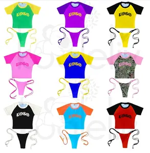 定制健身性感泳装女性2件套微型迷你比基尼套装搭配婴儿t恤泳装沙滩装女性泳衣