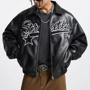 Nuova giacca <span class=keywords><strong>Bomber</strong></span> da <span class=keywords><strong>uomo</strong></span> con colletto ricamato ricamato in ciniglia corta in <span class=keywords><strong>pelle</strong></span> sintetica stampata <span class=keywords><strong>di</strong></span> alta qualità - Product Image 1