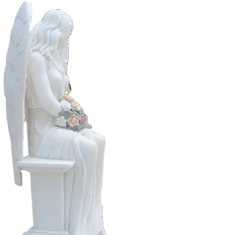 High quality Hand Carved Marble Tombstone Polished Sitting Angel Gravestone