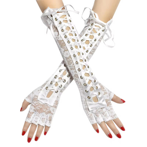Mitaines sans doigts en résille pour femmes, style gothique Lolita, avec rubans, sexy, en dentelle, longues, pour cosplay, mi-doigts, jusqu'au coude - Product Image 1