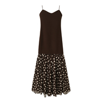 Robe longue décontractée à bretelles spaghetti, couleur marron, imprimé à pois, pour femmes