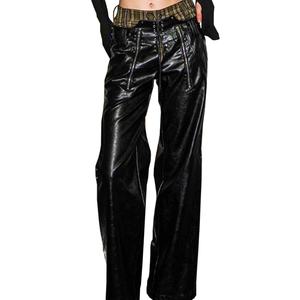 Pantalon en cuir sexy pour femme, style punk urbain, en lin vert à carreaux, deux pièces, avec rivets, coupe droite et ample, vente en gros - Product Image 1