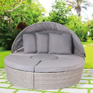 Cina Pemasok Kanopi Rotan Sofa Daybed Bulat Tempat Tidur Sofa dengan Bantal