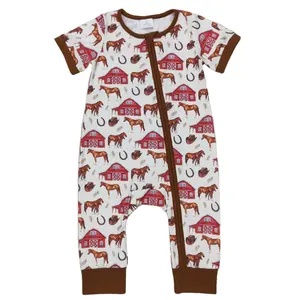 red farm house horse Print Zipper romper clothing RTS wholesale children clothing kids boutique clothing designer