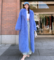 Manteau de luxe en vraie fourrure de mouton tibétain bleu périvinkle pour femme, longue veste en fourrure de mouton de Mongolie bouclée, véritable pardessus en fourrure de mouton brun