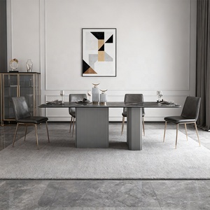Table et chaises rectangulaires <span class=keywords><strong>de</strong></span> luxe en pierre frittée noire, avec pieds <span class=keywords><strong>de</strong></span> table couleur argent, pour hôtel, cuisine, maison, salle à manger - Product Image 2