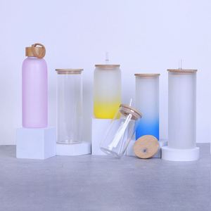 Eco Friendly 12oz 16oz 17oz Clear Frosted Sublimation Blanks Beer Mug Glass Jars <b>Cup</b> Bottle Tumbler <b>with</b> Bamboo Lid and <b>Straw</b> - Product Image 1