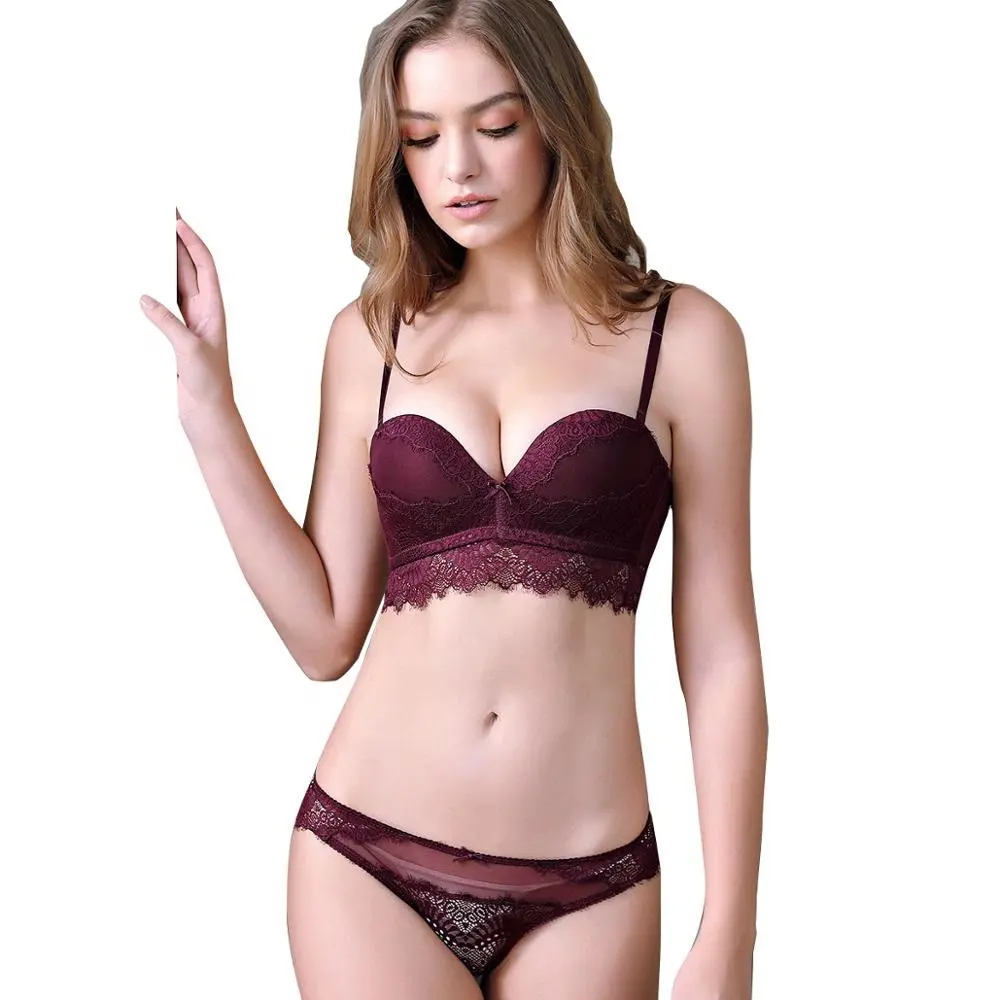 Women's Sexy Burgundy Lace Embroidery Comfortable Push Up Bralette Bra and Panty Suit