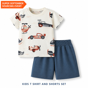 Setelan Kaos dan Celana Pendek Anak Laki-Laki Motif Transportasi, Bahan Katun Spandex, Pakaian Musim Panas Dua Potong, OEM Label Pribadi - Product Image 1