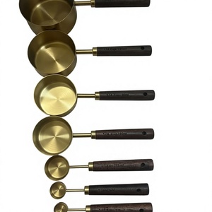 60ml Capacity Metal Measuring Cups & Spoons Sets <b>Gold</b> Color With Wooden Handles <b>Kitchen</b> <b>Accessory</b> Supplies Custom Logo Printing - Product Image 1