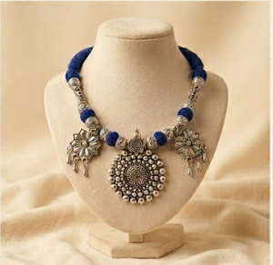 DIVYORO Boho Chic <b>Blue</b> <b>Bead</b> and Oxydized Silver Floral Pendant Necklace Designer Handmade Ethnic Statement Jewelry for Women - Product Image 3