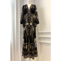 Robe longue en soie à imprimé floral noir et or, style vintage français, taille haute, manches lanternes, luxueuse et haut de gamme